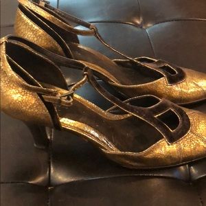 Gold and brown suede strappy heels